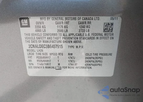 2011 Chevrolet Equinox 1Lt from USA, damaged, VIN 2CNALDEC3B6457915